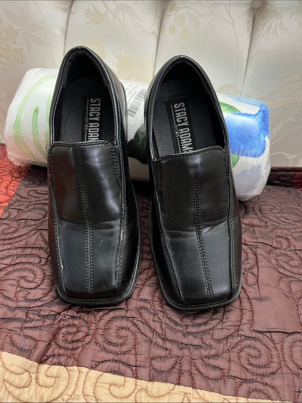 Kid Shoes Stacy Adams Black Leather Slip-On Square Toe Loafers